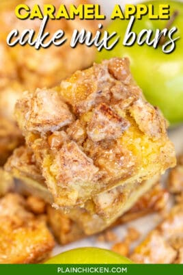stack of 4 caramel apple cake mix bars with text overlay