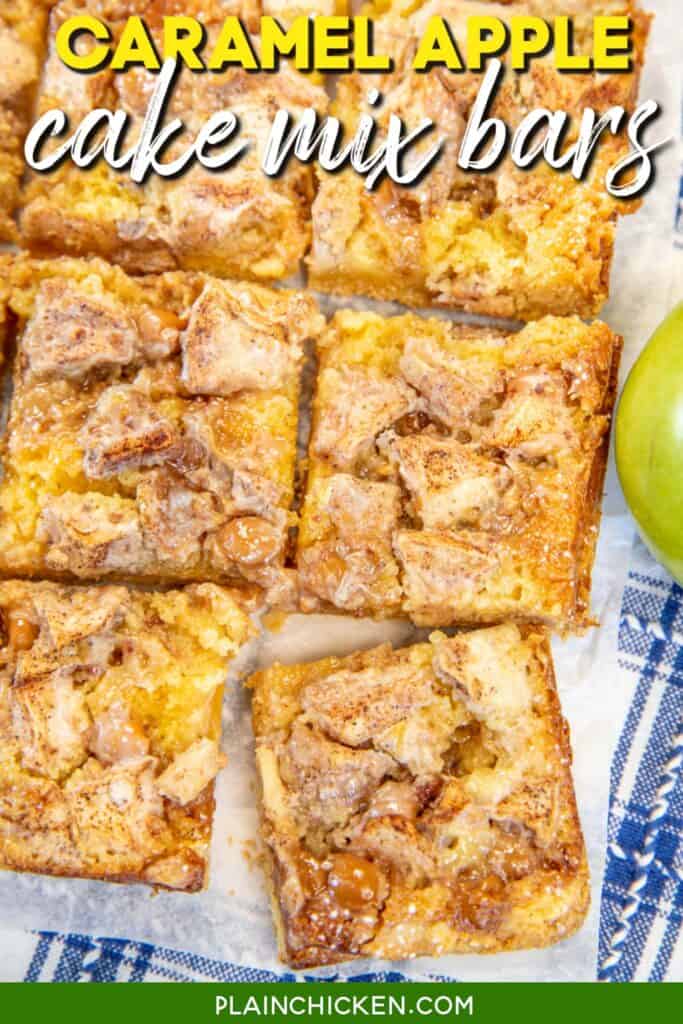 caramel apple cake mix bars on table with text overlay