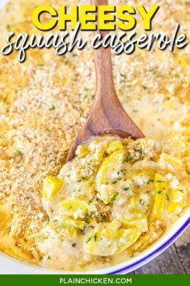 scooping squash casserole from baking dish with text overlay