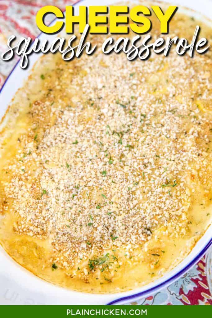 baking dish of squash casserole with text overaly