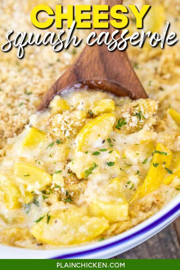 scooping squash casserole from baking dish with text overlay