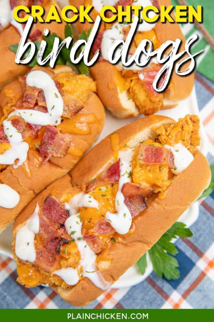 chicken finger sandwiches topped with cheese and bacon with text overlay