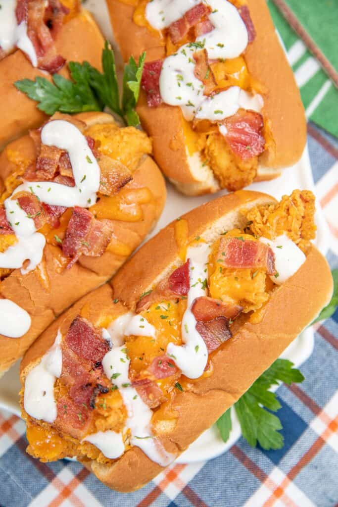 chicken bird dog topped with cheese, bacon & ranch