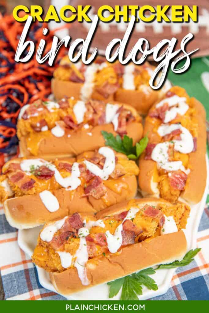 chicken finger sandwiches topped with cheese and bacon with text overlay