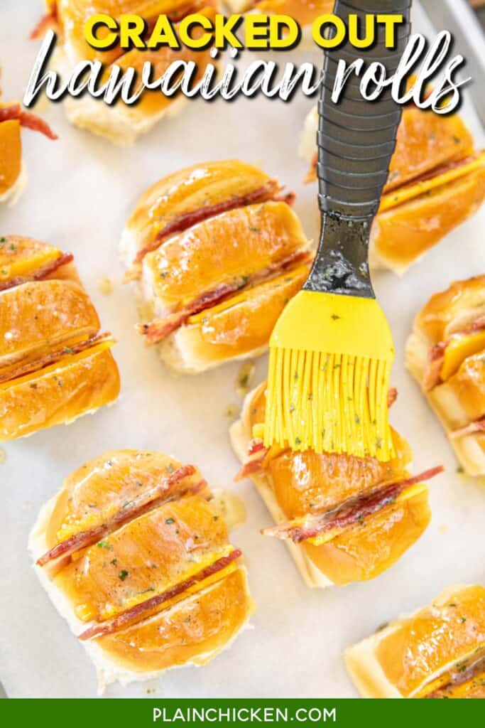 brushing cheese and bacon stuffed hawaiian rolls with butter with text overlay