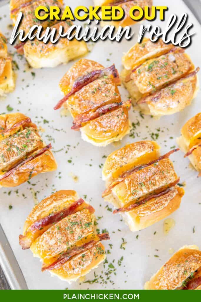 baked cheese and bacon stuffed hawaiian rolls on a baking pan with text overlay