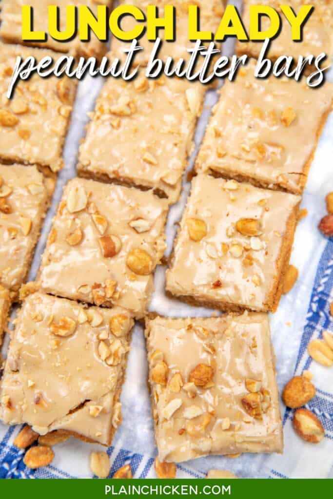 peanut butter bars on parchment paper with text overlay