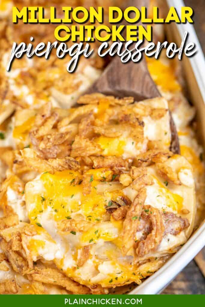 scooping pierogi casserole from baking dish with text overlay