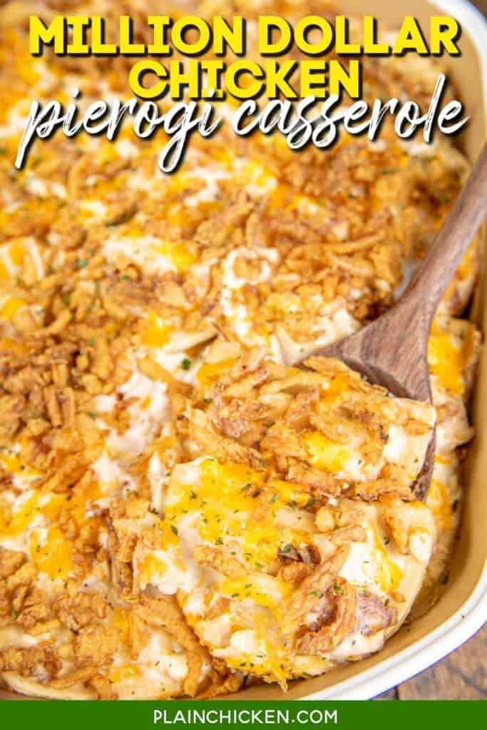 scooping chicken pierogi casserole from baking dish with text overlay