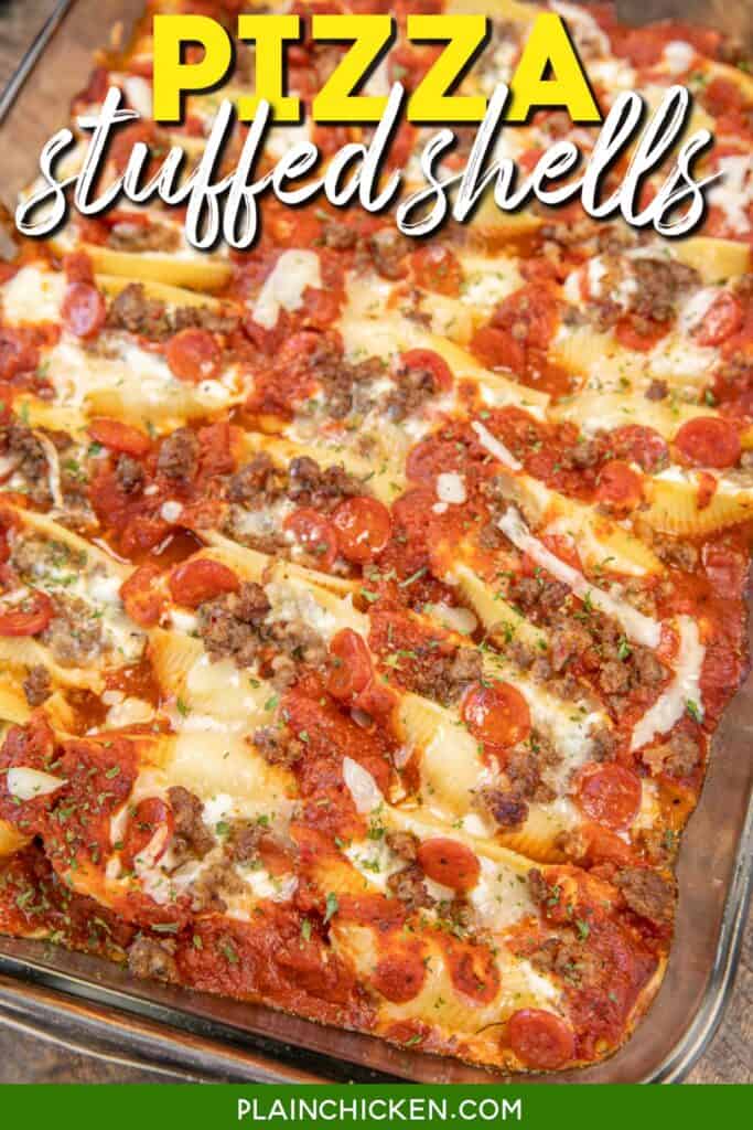 stuffed shells in baking dish with text overlay