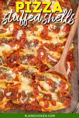scooping stuffed shells from baking dish with text overlay