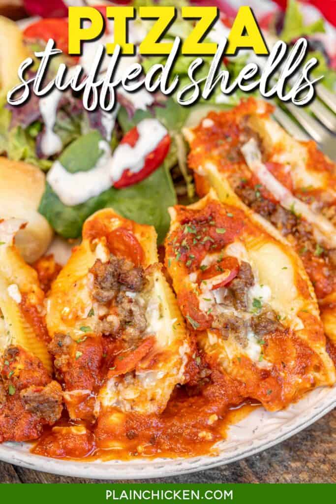 plate of stuffed shells with text overlay