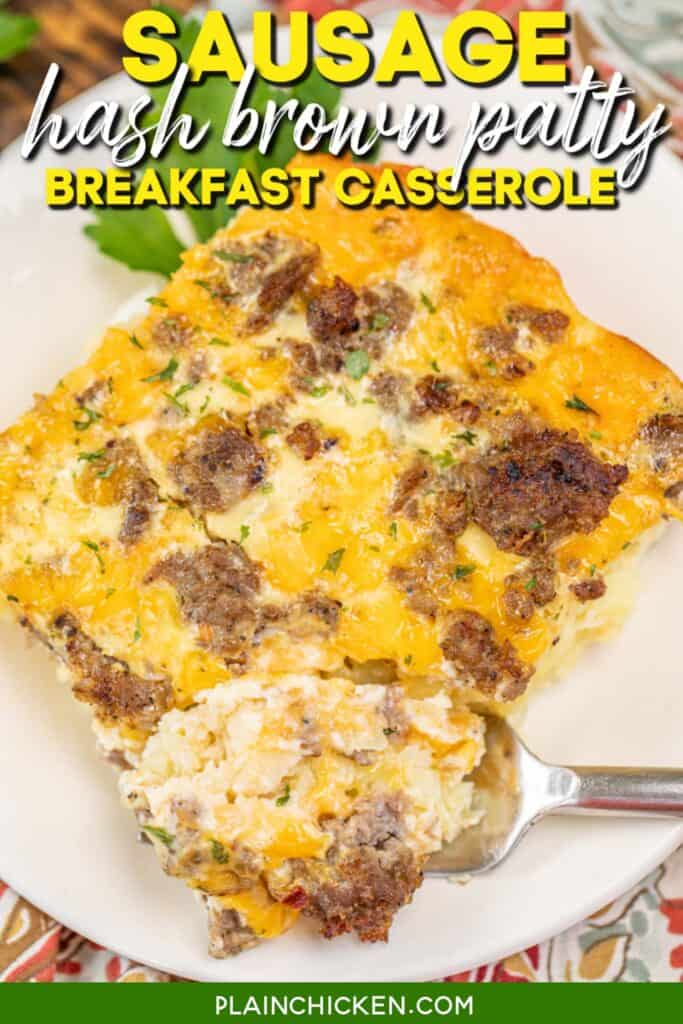 slice of breakfast casserole on plate with text overlay