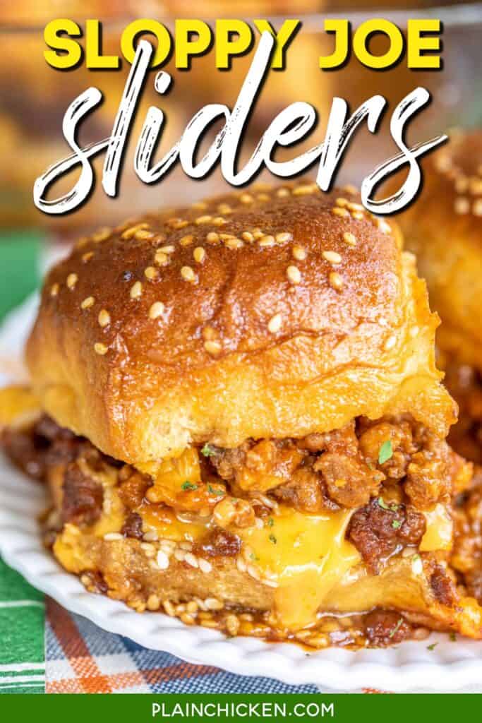 sloppy joe slider on a plate with text overlay