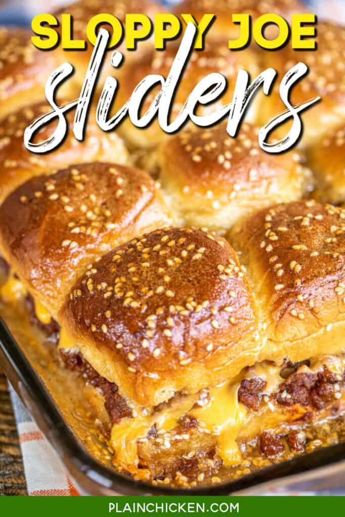 sloppy joe sliders in a baking dish with text overlay