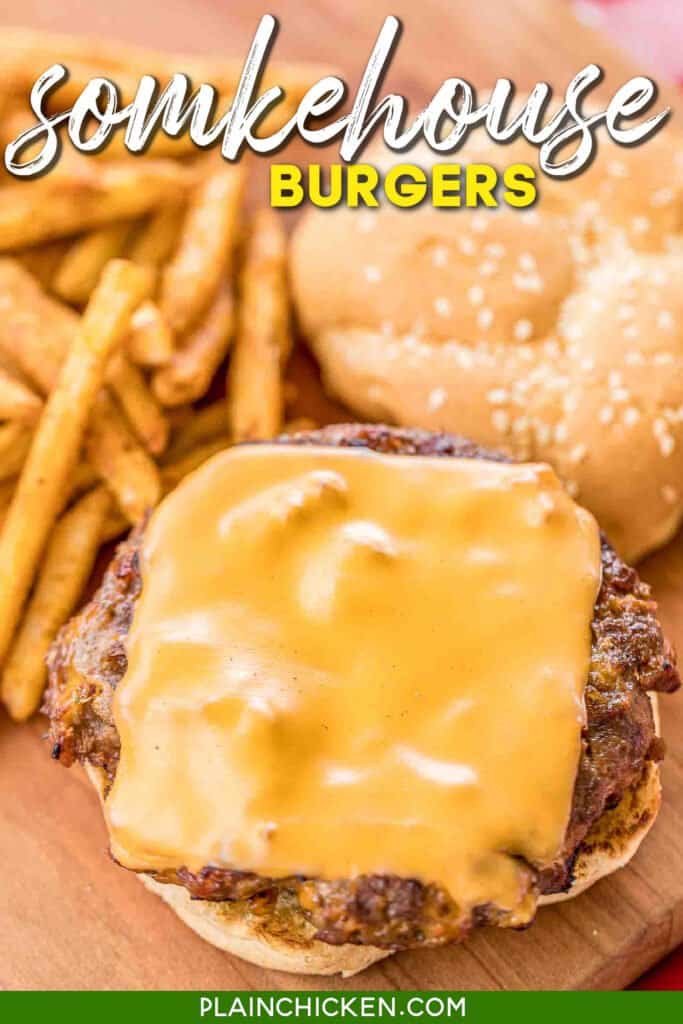 cheeseburger on a platter with text overlay
