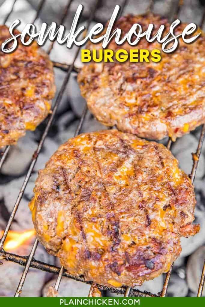 burgers cooking on the grill with text overlay