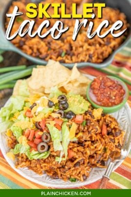 plate of taco rice topped with taco toppings with text overlay