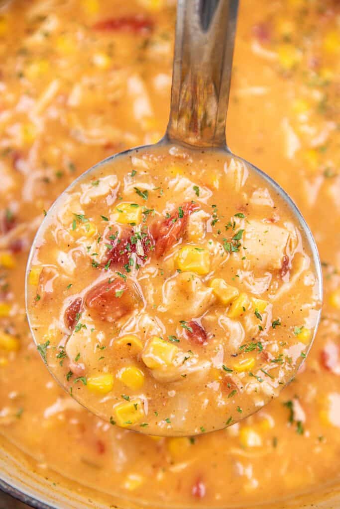 ladle of chicken and corn chowder