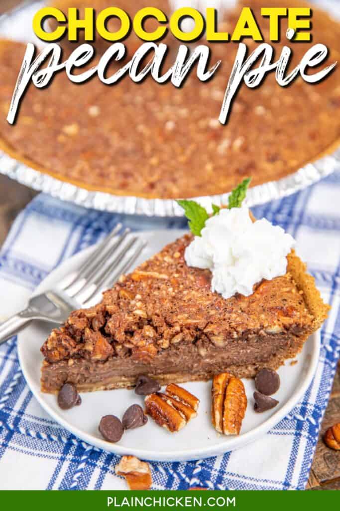slice of chocolate pecan pie on a plate with text overlay