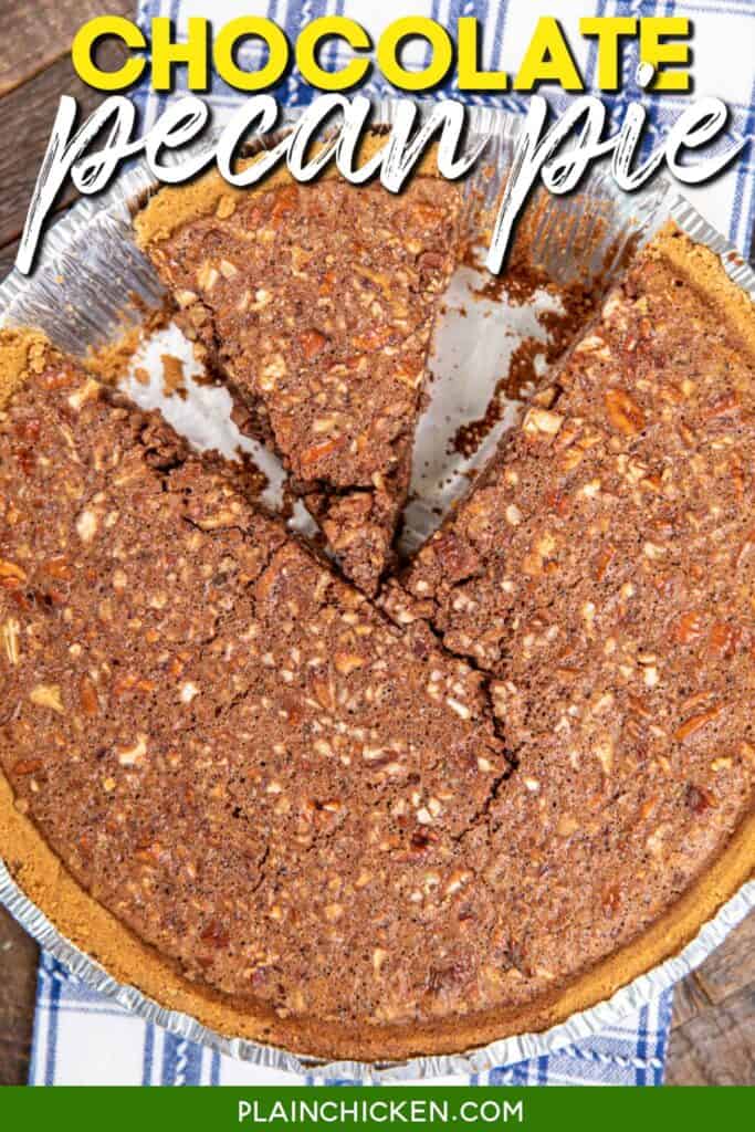 sliced pecan pie with text overlay