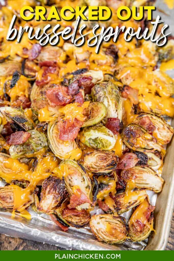 baking sheet of bacon and cheese roasted brussels sprouts with text overlay
