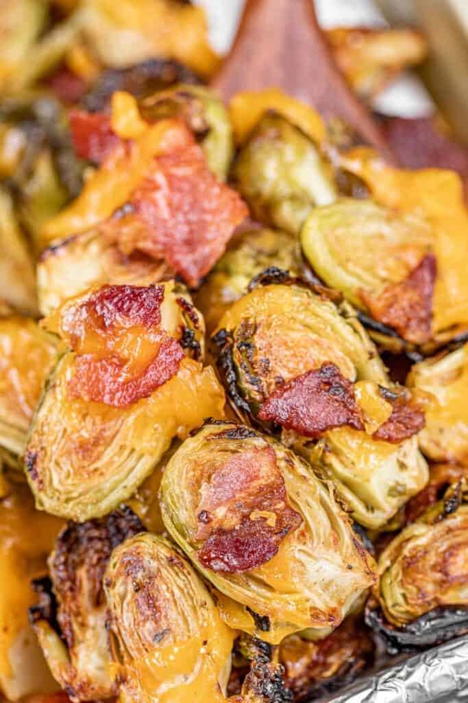 baking sheet of bacon and cheese roasted brussels sprouts