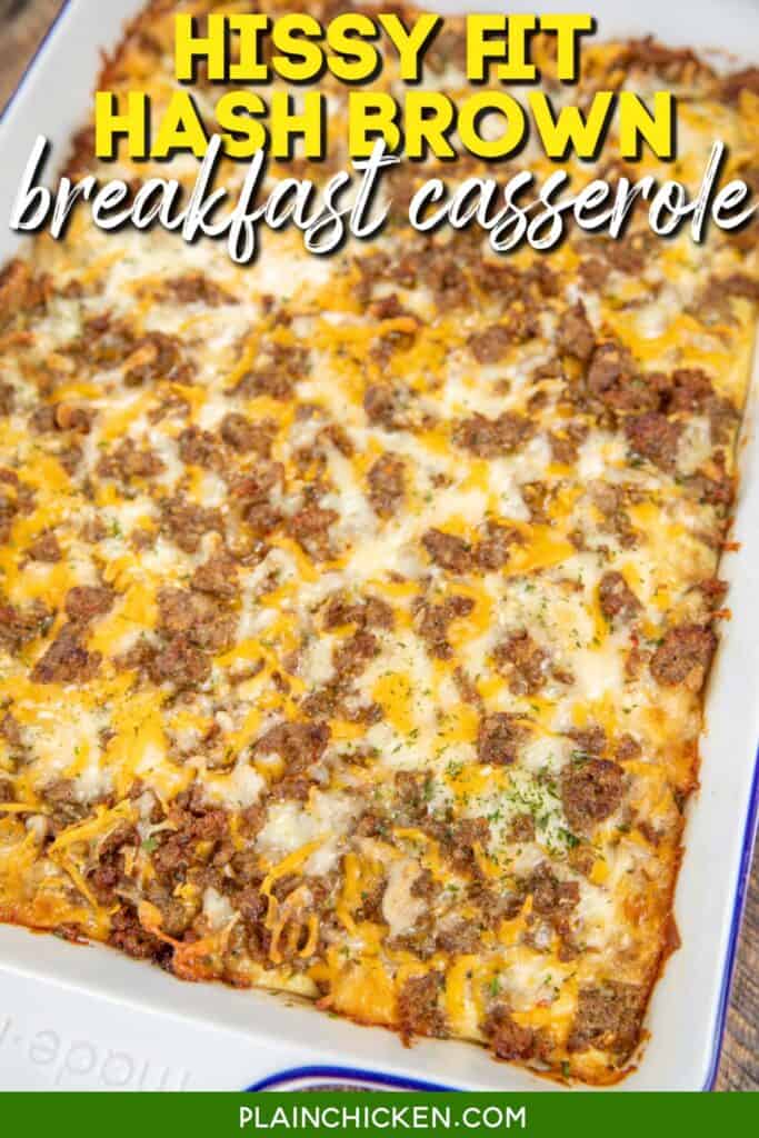 sausage breakfast casserole in baking dish with text overlay