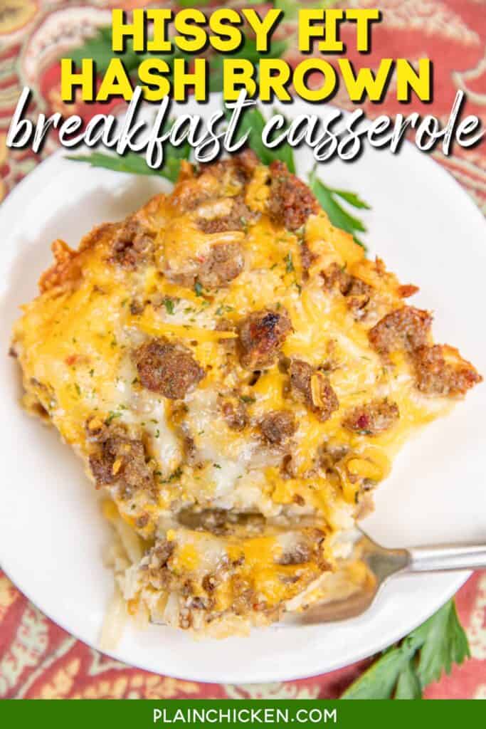 slice of breakfast casserole on a plate with text overlay
