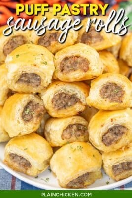 plate of sausage rolls with text overlay