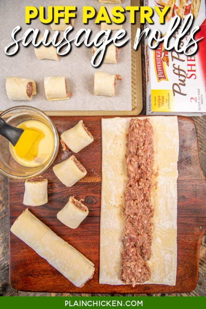 assembling sausage rolls with puff pastry with text overlay