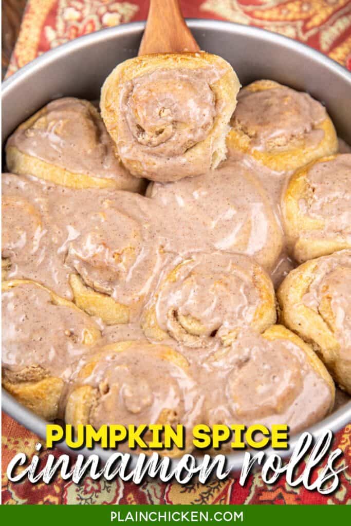 pumpkin spice roll on a spatula with text overlay