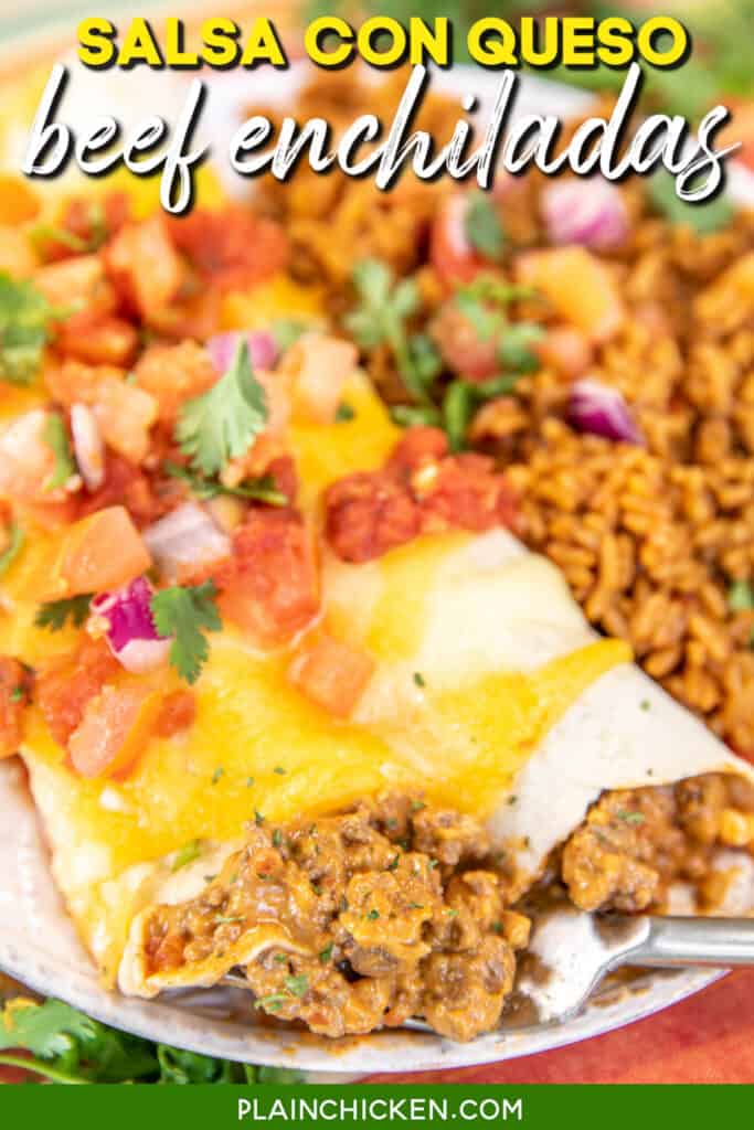 two beef enchiladas on a plate with text overlay