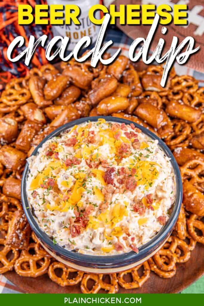 bowl of bacon cheese dip with text overlay