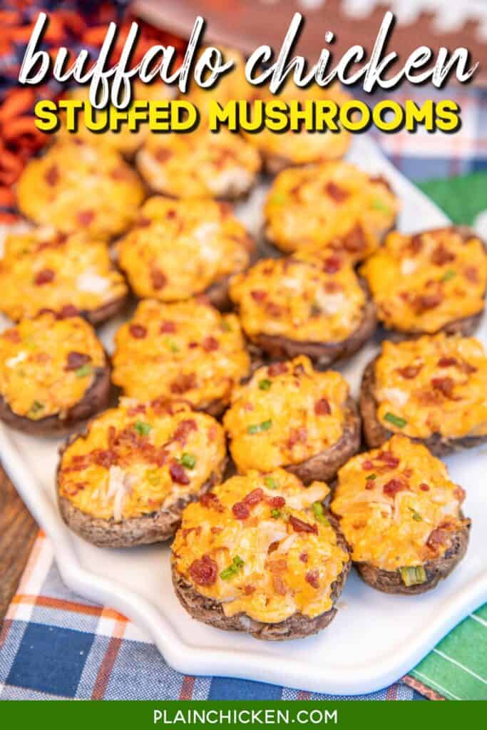 stuffed mushrooms on a platter with text overlay
