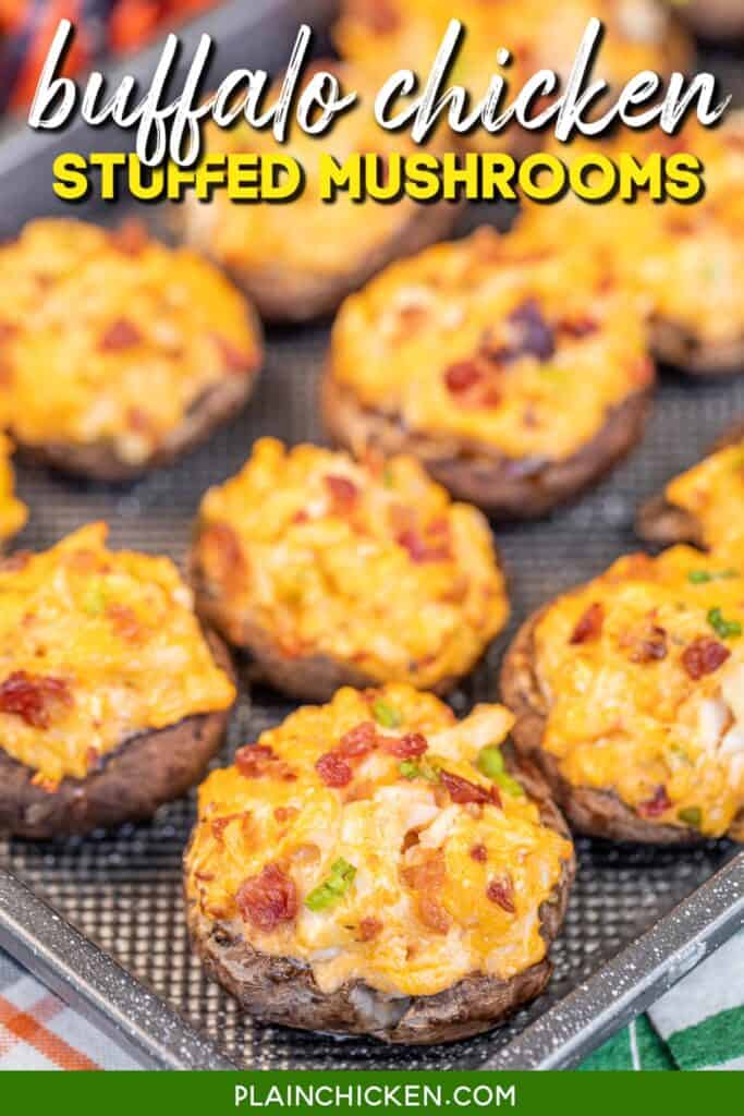 stuffed mushrooms on a baking sheet with text overlay