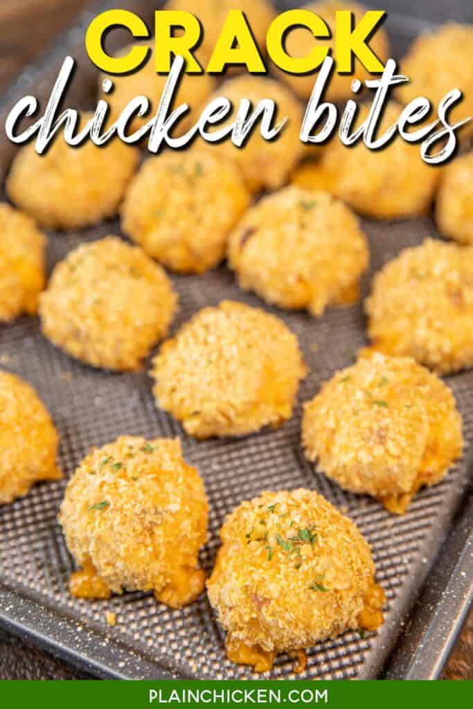 baked chicken balls on a baking sheet with text overlay