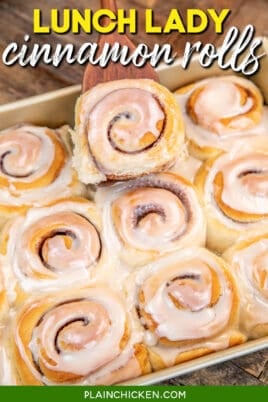serving cinnamon rolls from baking pan with text overlay
