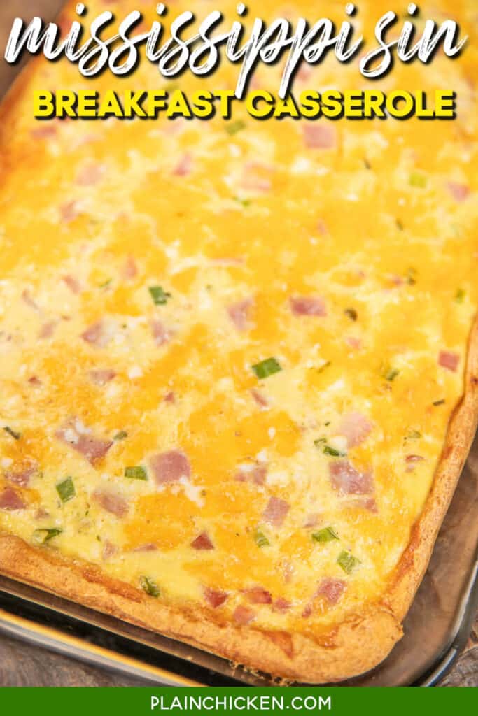 ham egg and cheese casserole in baking dish with text overlay