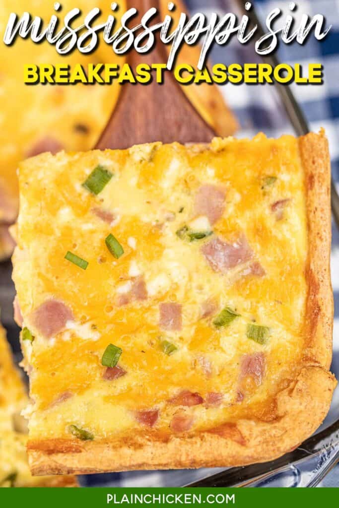 slice of ham and cheese breakfast casserole on a spatula with text overlay