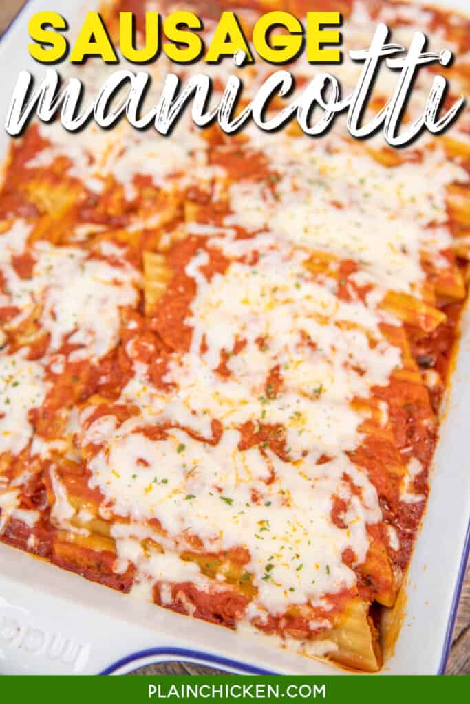 baking dish of manicotti with text overlay