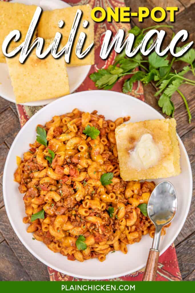 plate of chili mac with cornbread with text overlay