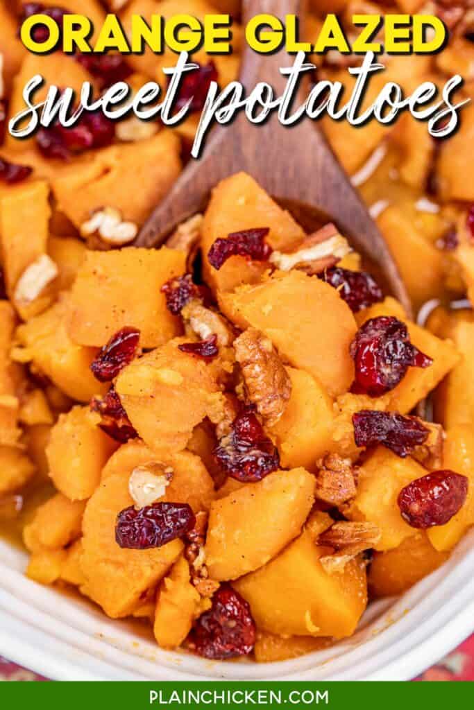 scooping sweet potatoes from baking dish with text overlay