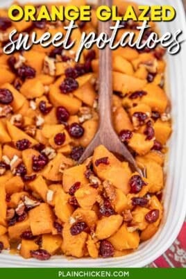 scooping sweet potatoes from baking dish with text overlay