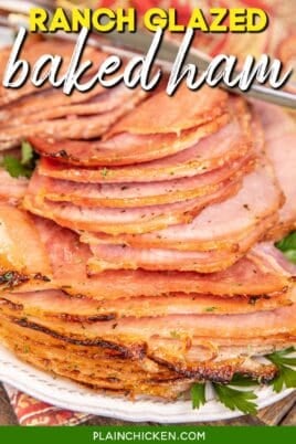 plate of sliced ham with text overlay