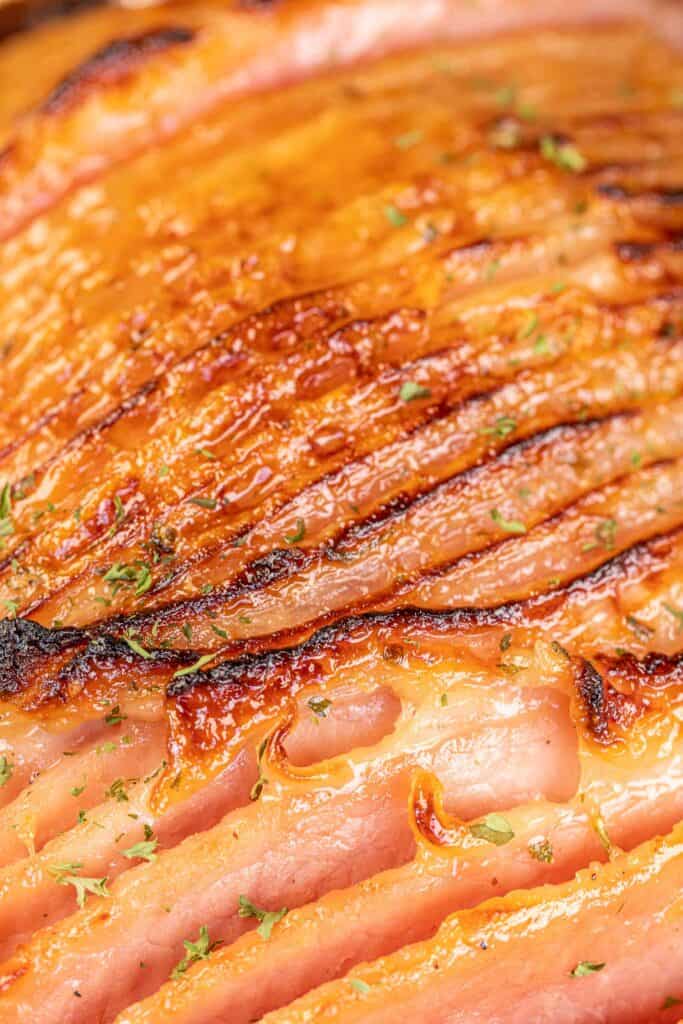 close up of glazed ham slices
