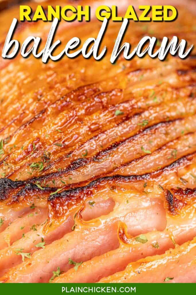 close up of glazed ham with text overlay