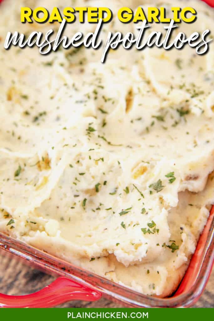 baking dish of mashed potatoes with text overlay