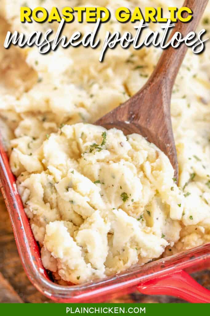 scooping mashed potatoes from baking dish with text overlay