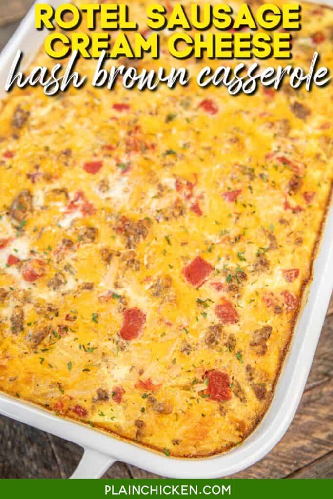 baking dish of hash brown casserole with text overlay